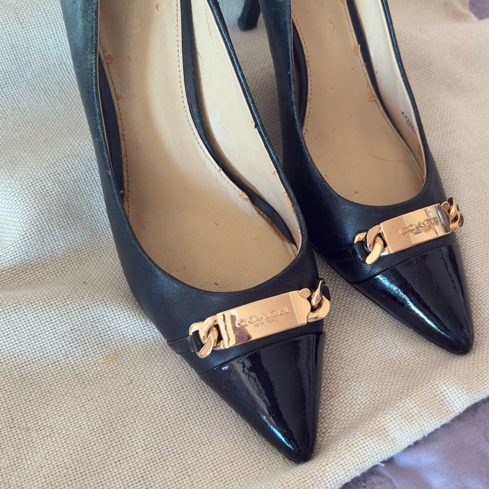 Coach Black Leather Heels with Gold Accent - Picture 4 of 10